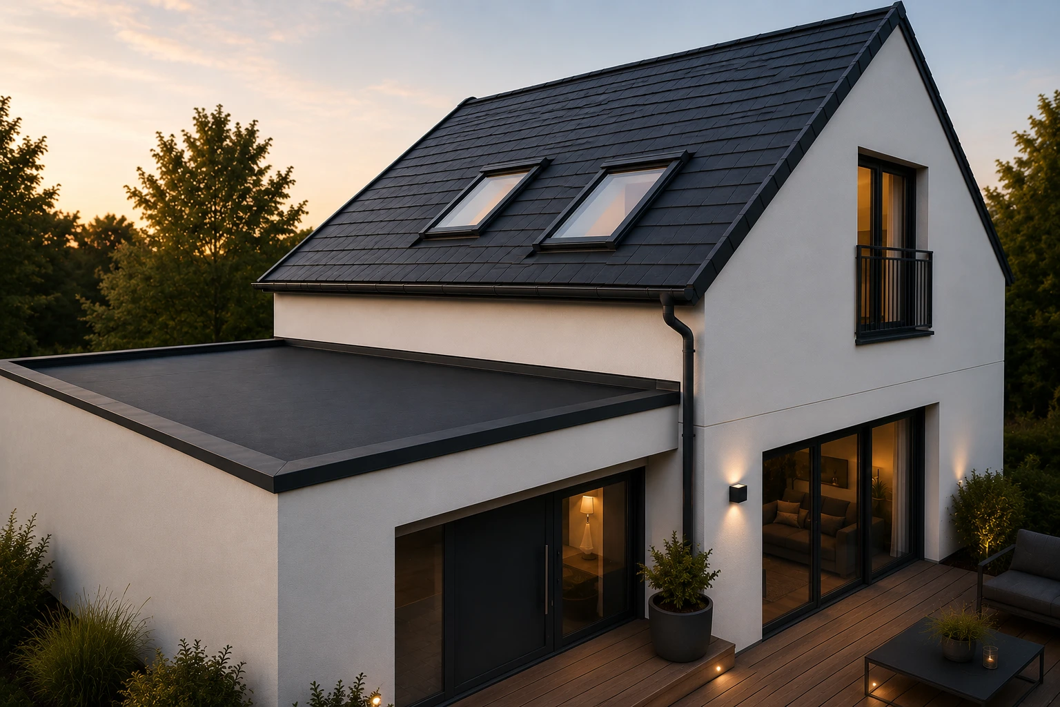Rendering eines Einfamlilienhauses bei Sonnenuntergang